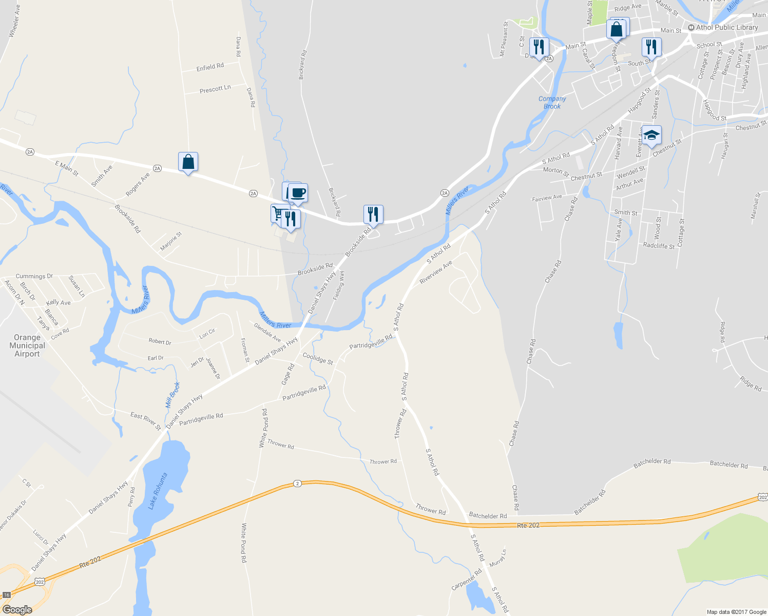 map of restaurants, bars, coffee shops, grocery stores, and more near 1595 South Athol Road in Athol