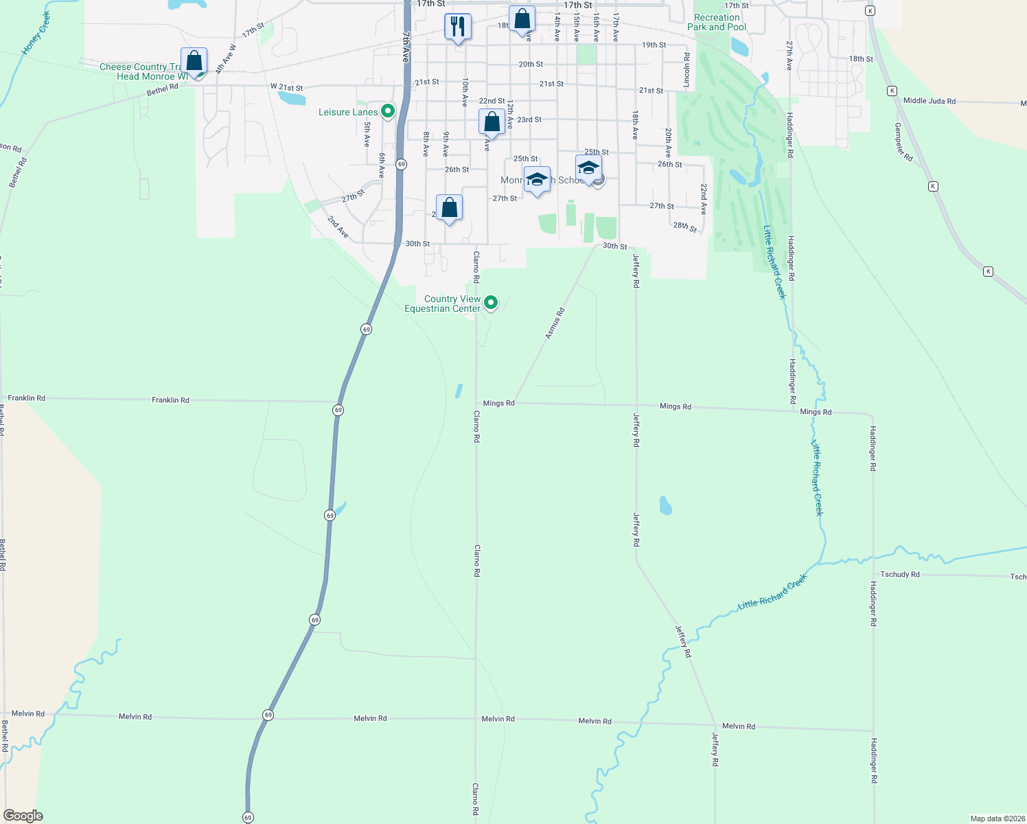 map of restaurants, bars, coffee shops, grocery stores, and more near W5759 Mings Road in Monroe