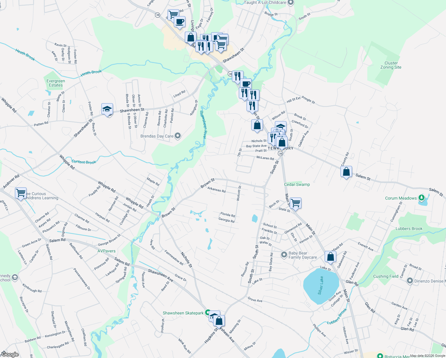 map of restaurants, bars, coffee shops, grocery stores, and more near 3 Miles Road in Tewksbury