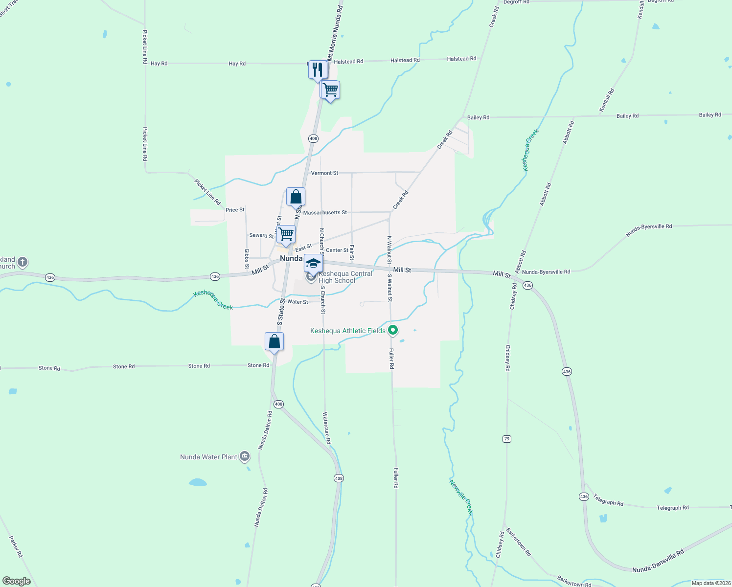 map of restaurants, bars, coffee shops, grocery stores, and more near 11 North Walnut Street in Nunda