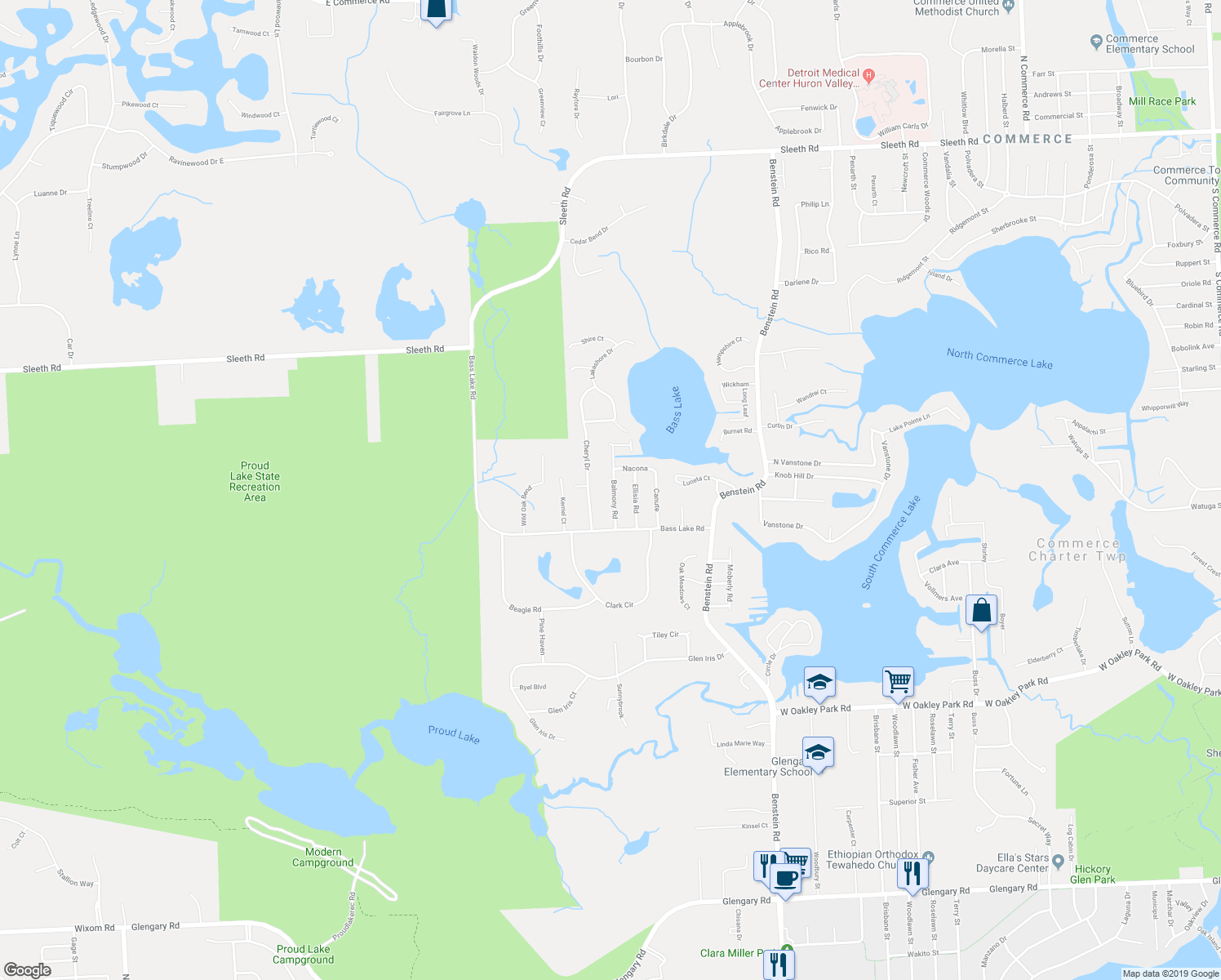 map of restaurants, bars, coffee shops, grocery stores, and more near 3843 Balmony Road in Commerce Charter Township