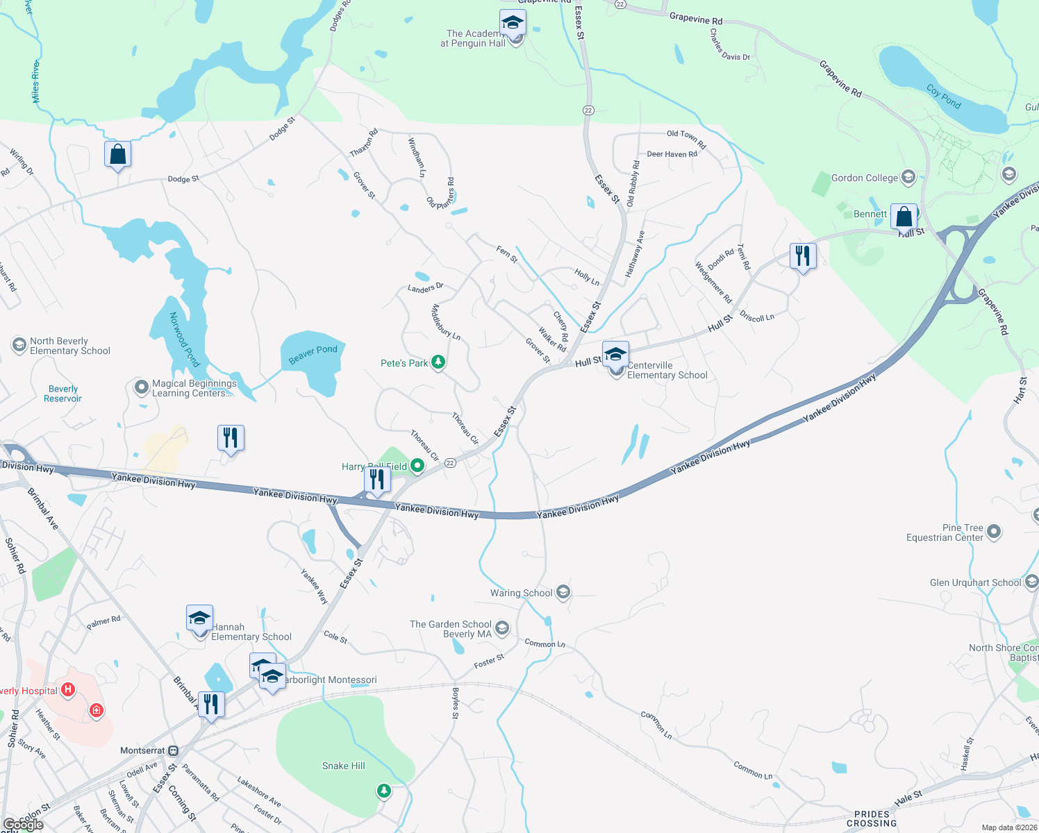 map of restaurants, bars, coffee shops, grocery stores, and more near 126 Standley Street in Beverly