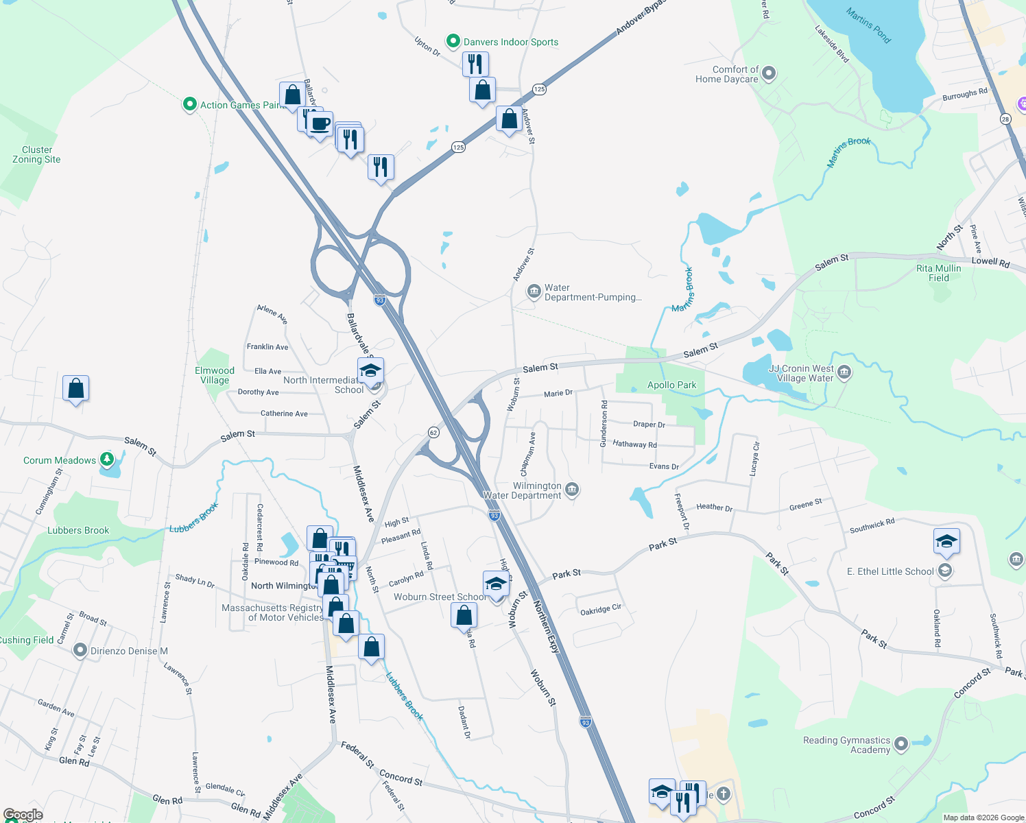 map of restaurants, bars, coffee shops, grocery stores, and more near 98 Woburn Street in Wilmington