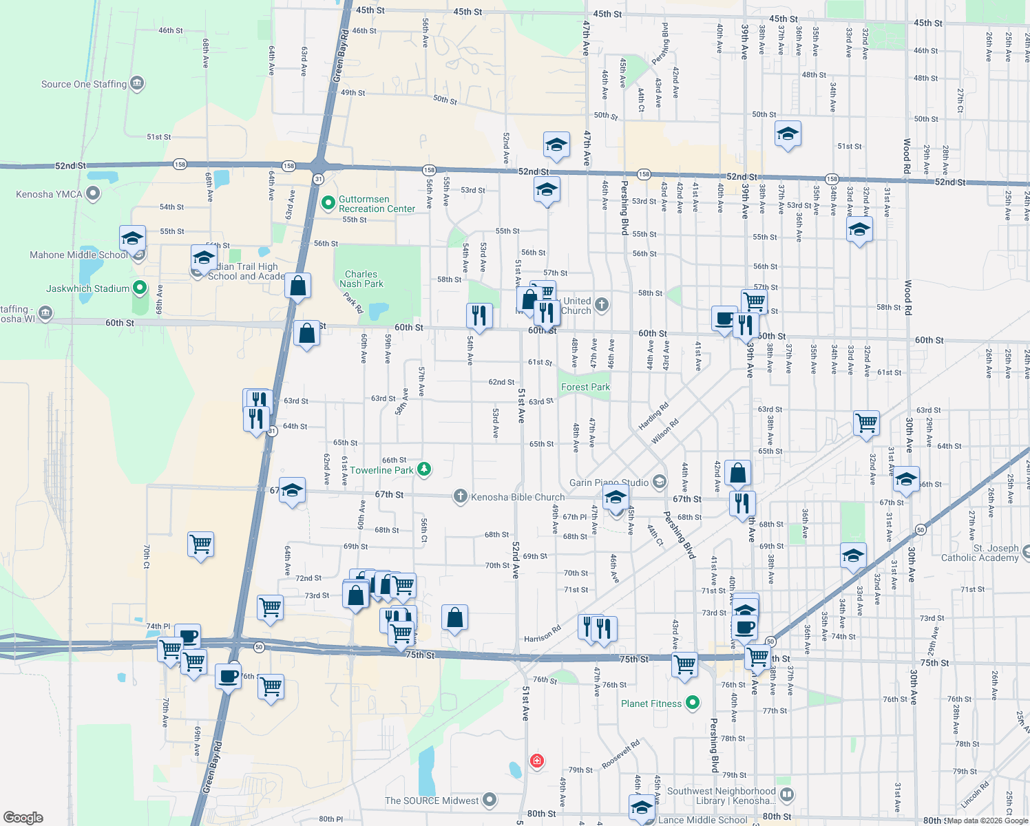 map of restaurants, bars, coffee shops, grocery stores, and more near 6316 51st Ave in Kenosha