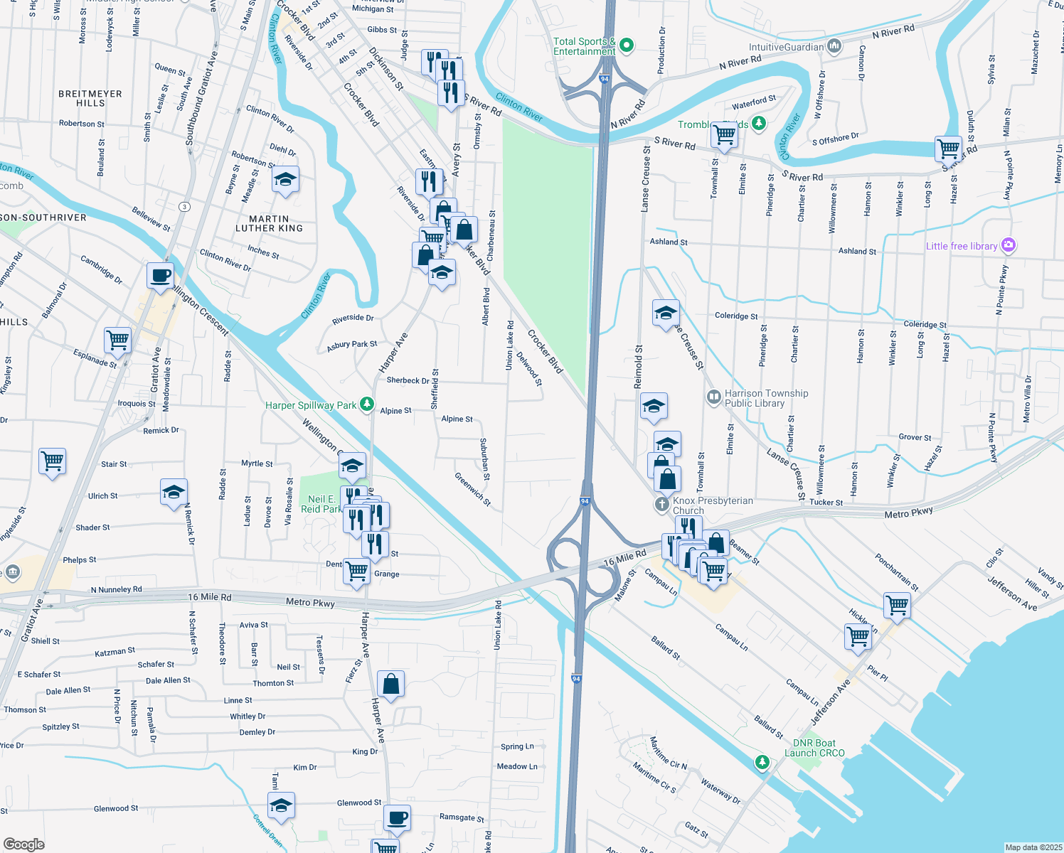 map of restaurants, bars, coffee shops, grocery stores, and more near 24655 Regal Place in Harrison Township