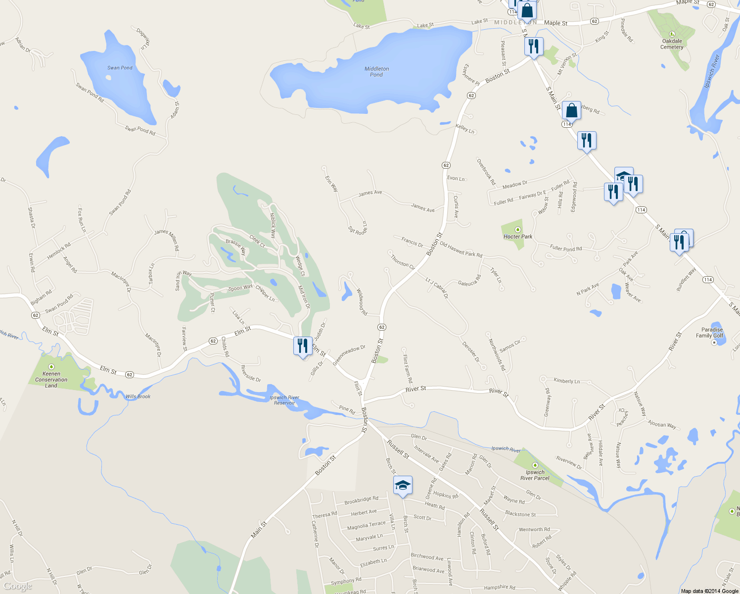 map of restaurants, bars, coffee shops, grocery stores, and more near 5 Wildwood Rd in Middleton
