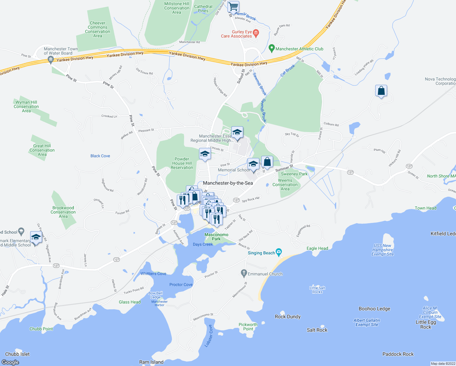 map of restaurants, bars, coffee shops, grocery stores, and more near in Manchester-by-the-Sea