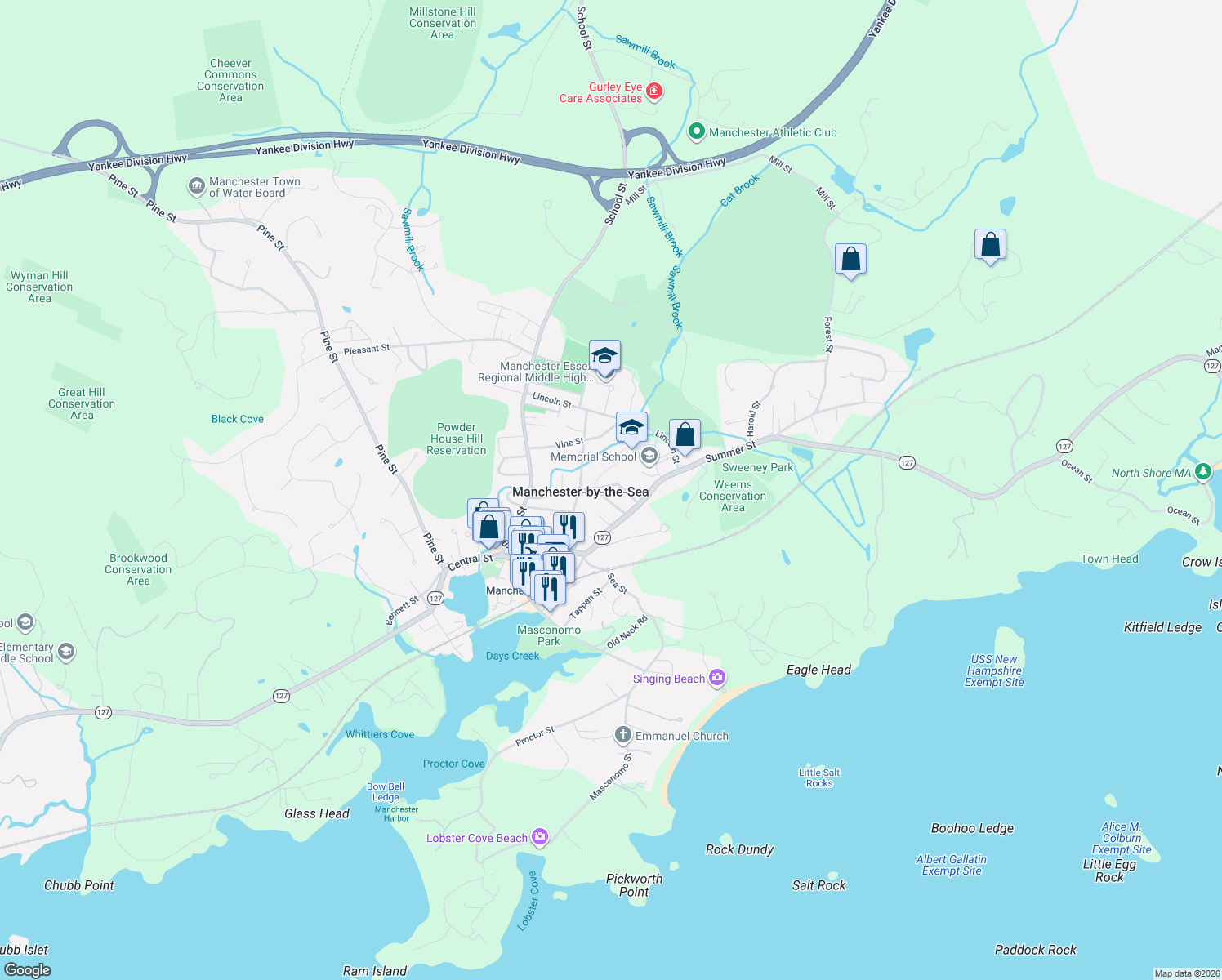 map of restaurants, bars, coffee shops, grocery stores, and more near 55 Brook Street in Manchester-by-the-Sea