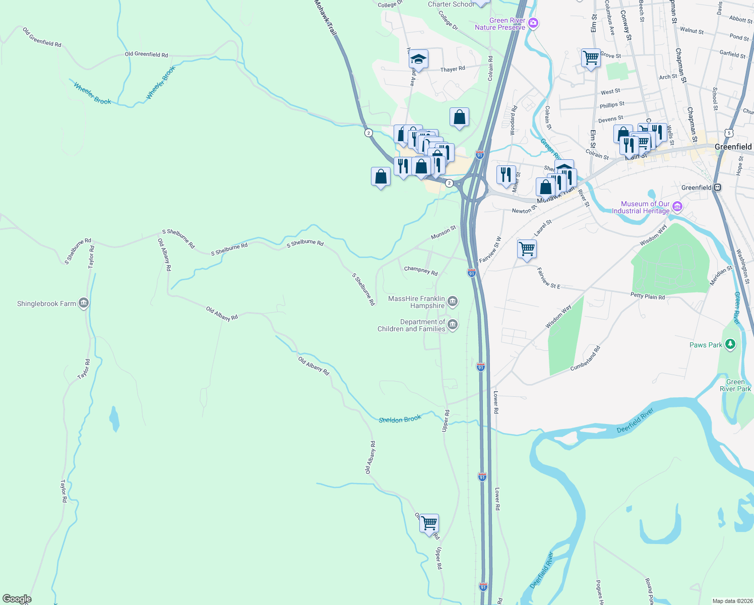map of restaurants, bars, coffee shops, grocery stores, and more near 231 S Shelburne Rd in Greenfield