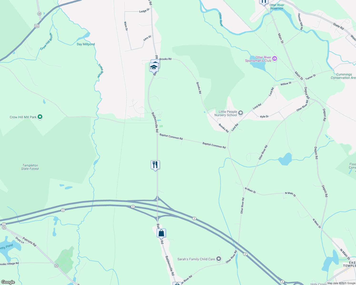 map of restaurants, bars, coffee shops, grocery stores, and more near 41 Baptist Common Road in Templeton