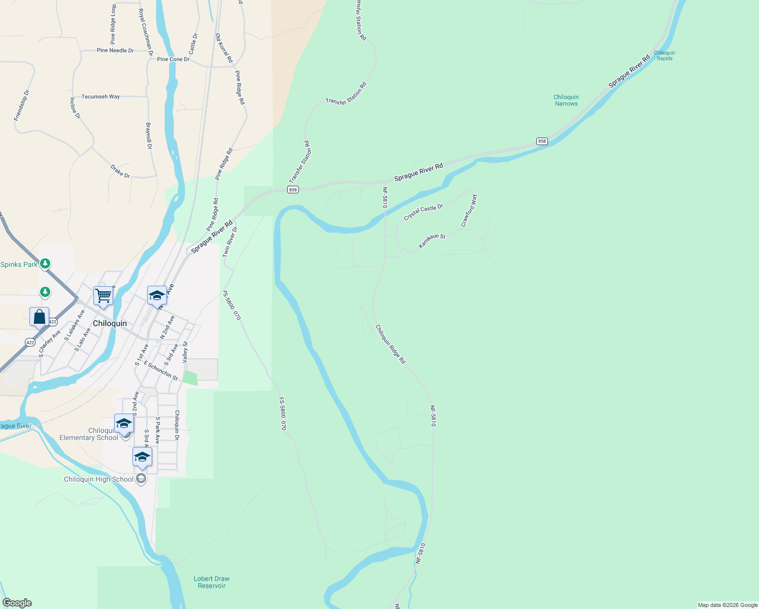 map of restaurants, bars, coffee shops, grocery stores, and more near 38965 Chiloquin Ridge Road in Chiloquin