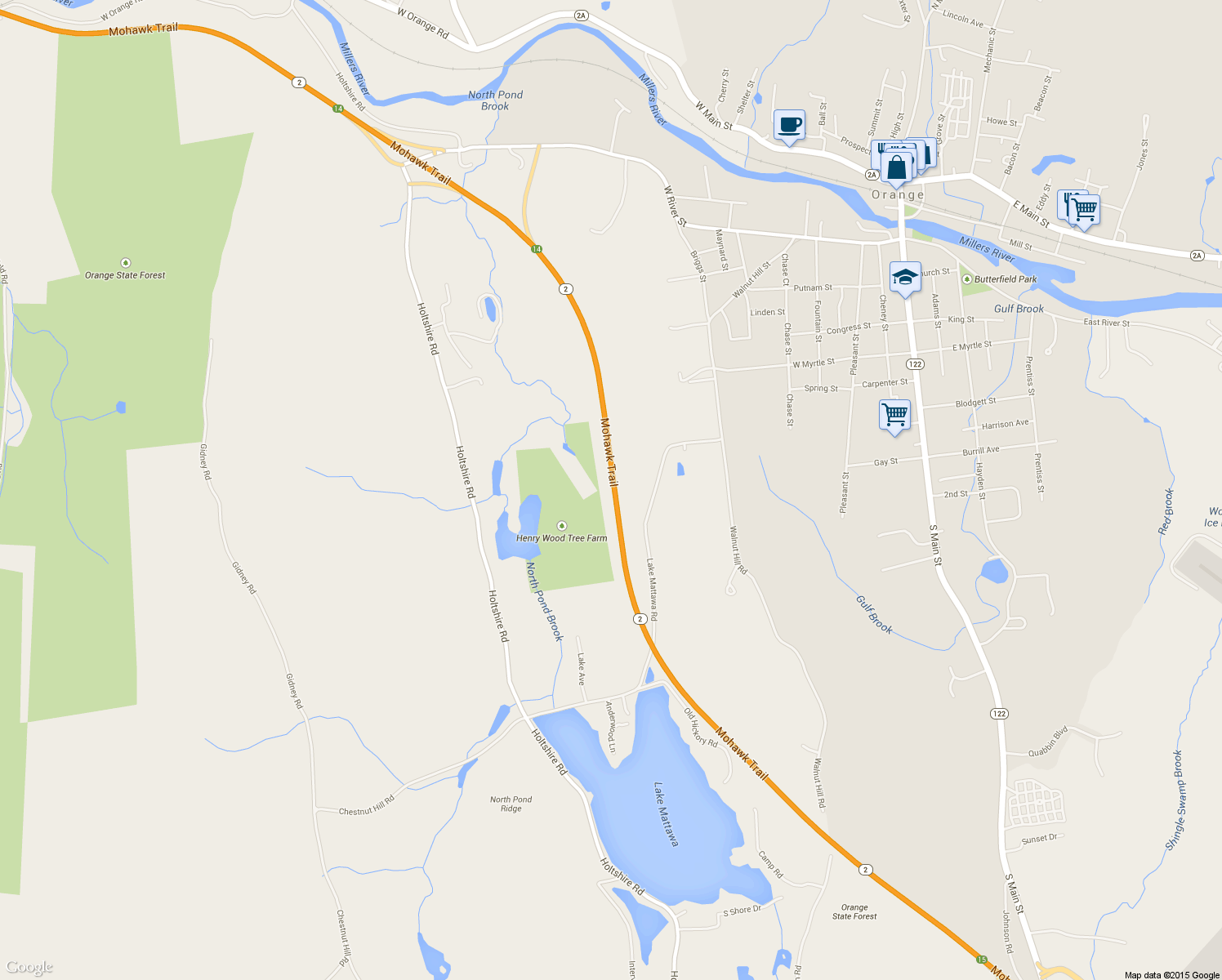 map of restaurants, bars, coffee shops, grocery stores, and more near Mohawk Trail in Orange