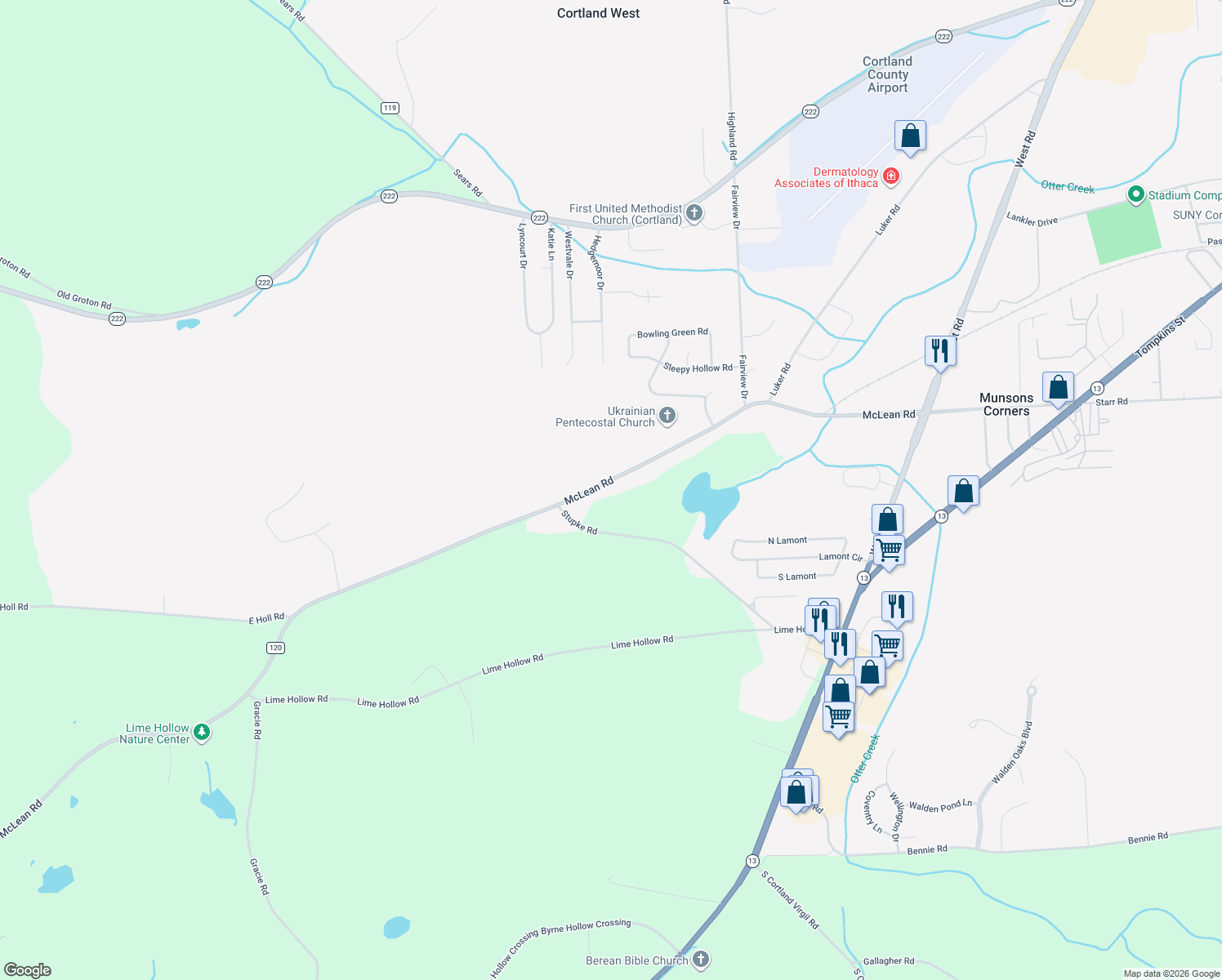 map of restaurants, bars, coffee shops, grocery stores, and more near 674 McLean Rd in Cortland