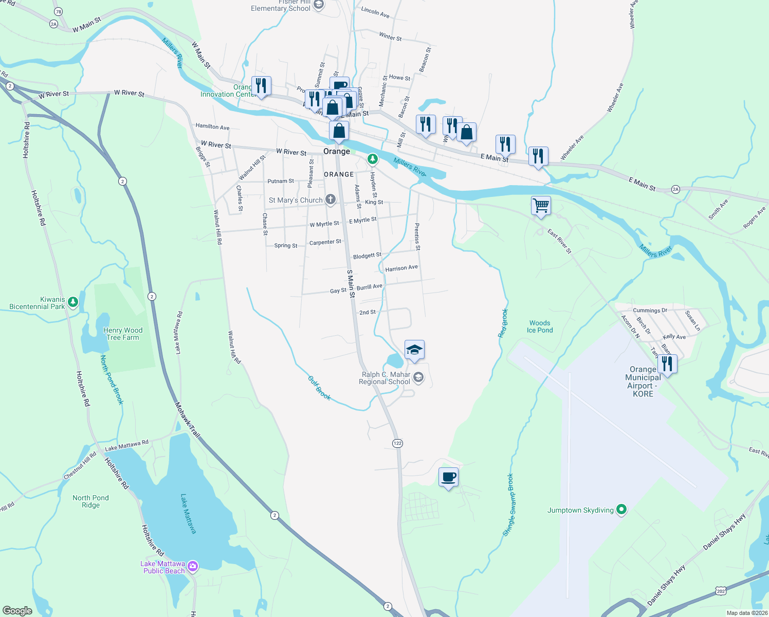 map of restaurants, bars, coffee shops, grocery stores, and more near 240 Hayden Street in Orange