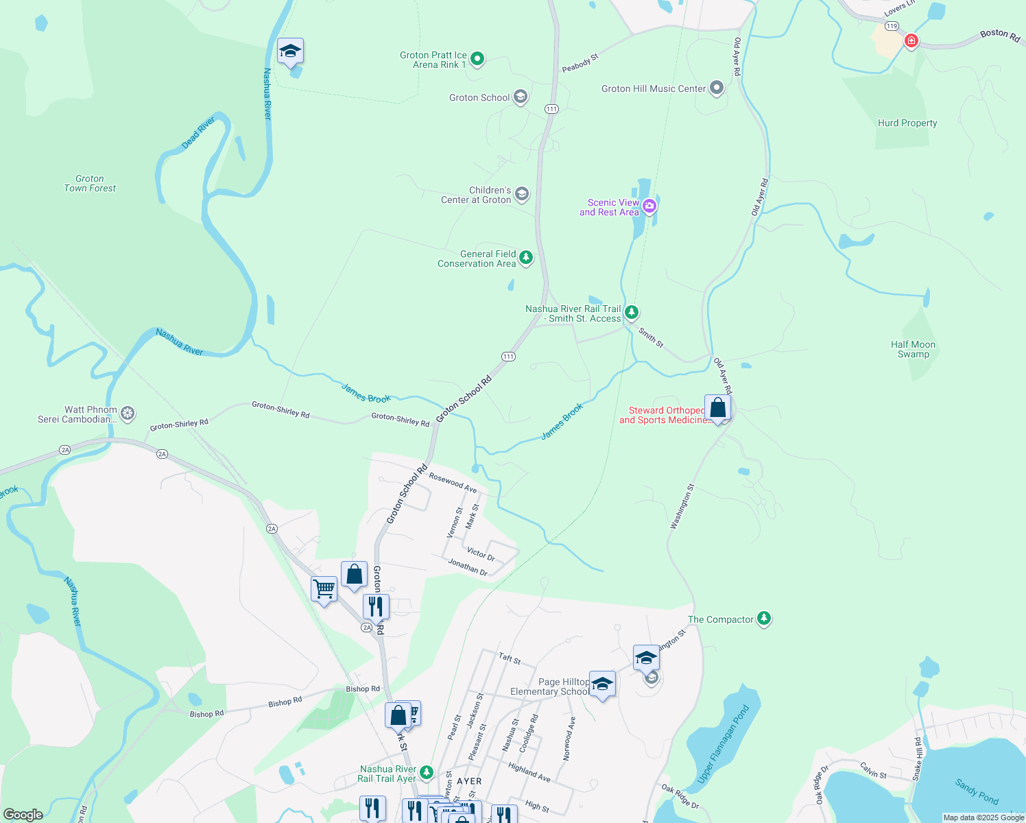 map of restaurants, bars, coffee shops, grocery stores, and more near 12 Douglas Dr in Ayer