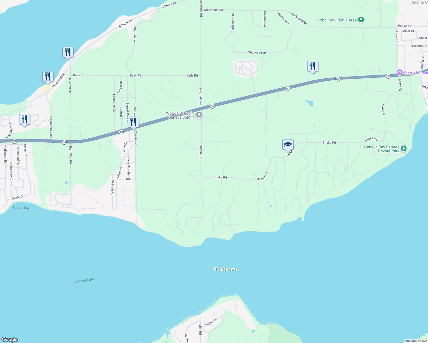 map of restaurants, bars, coffee shops, grocery stores, and more near W3660 Snake Rd in Lake Geneva