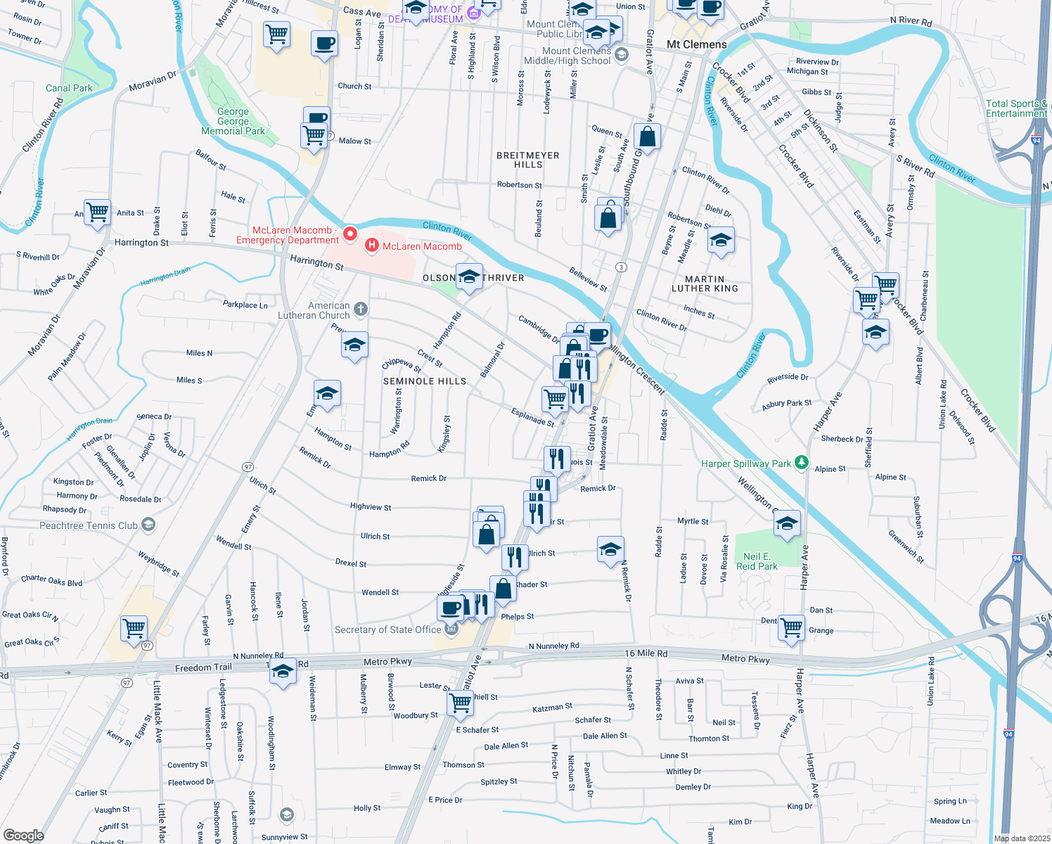 map of restaurants, bars, coffee shops, grocery stores, and more near 245 Esplanade Street in Mount Clemens