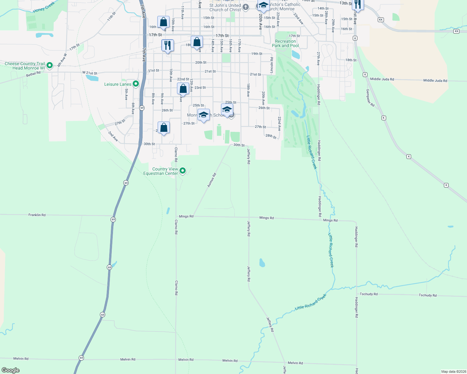 map of restaurants, bars, coffee shops, grocery stores, and more near N2234 Asmus Rd in Monroe
