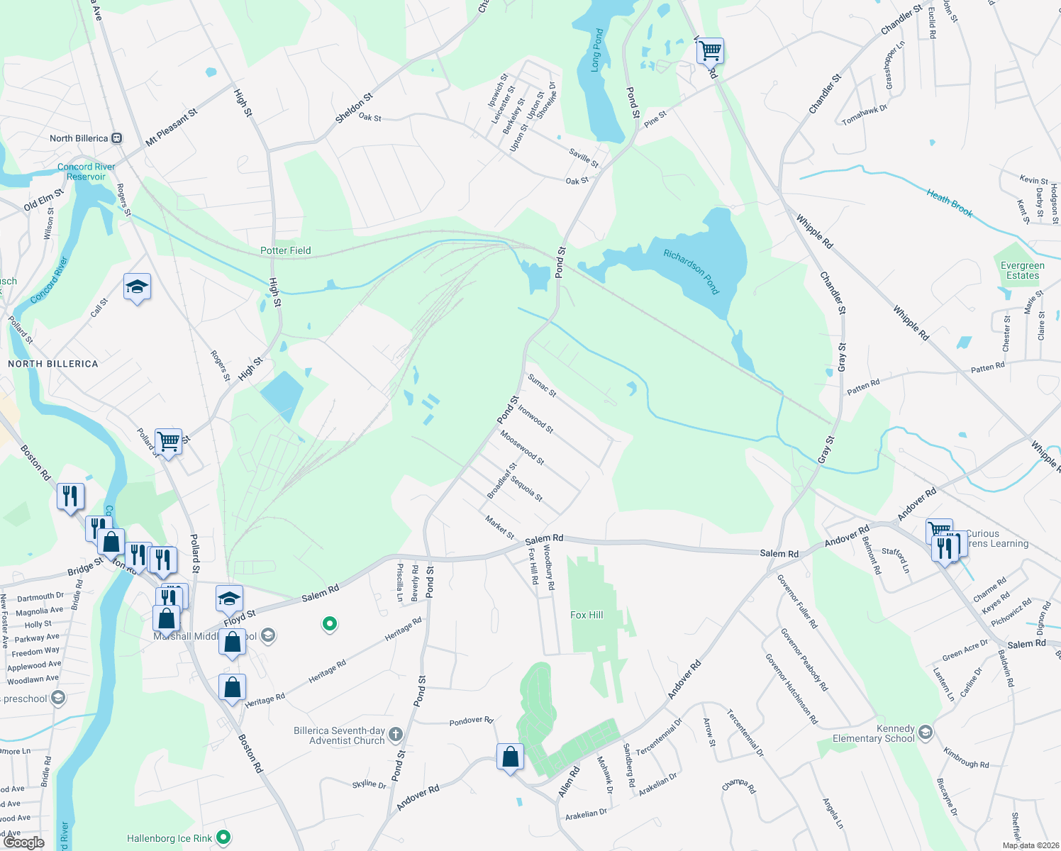 map of restaurants, bars, coffee shops, grocery stores, and more near 5 Ironwood Street in Billerica