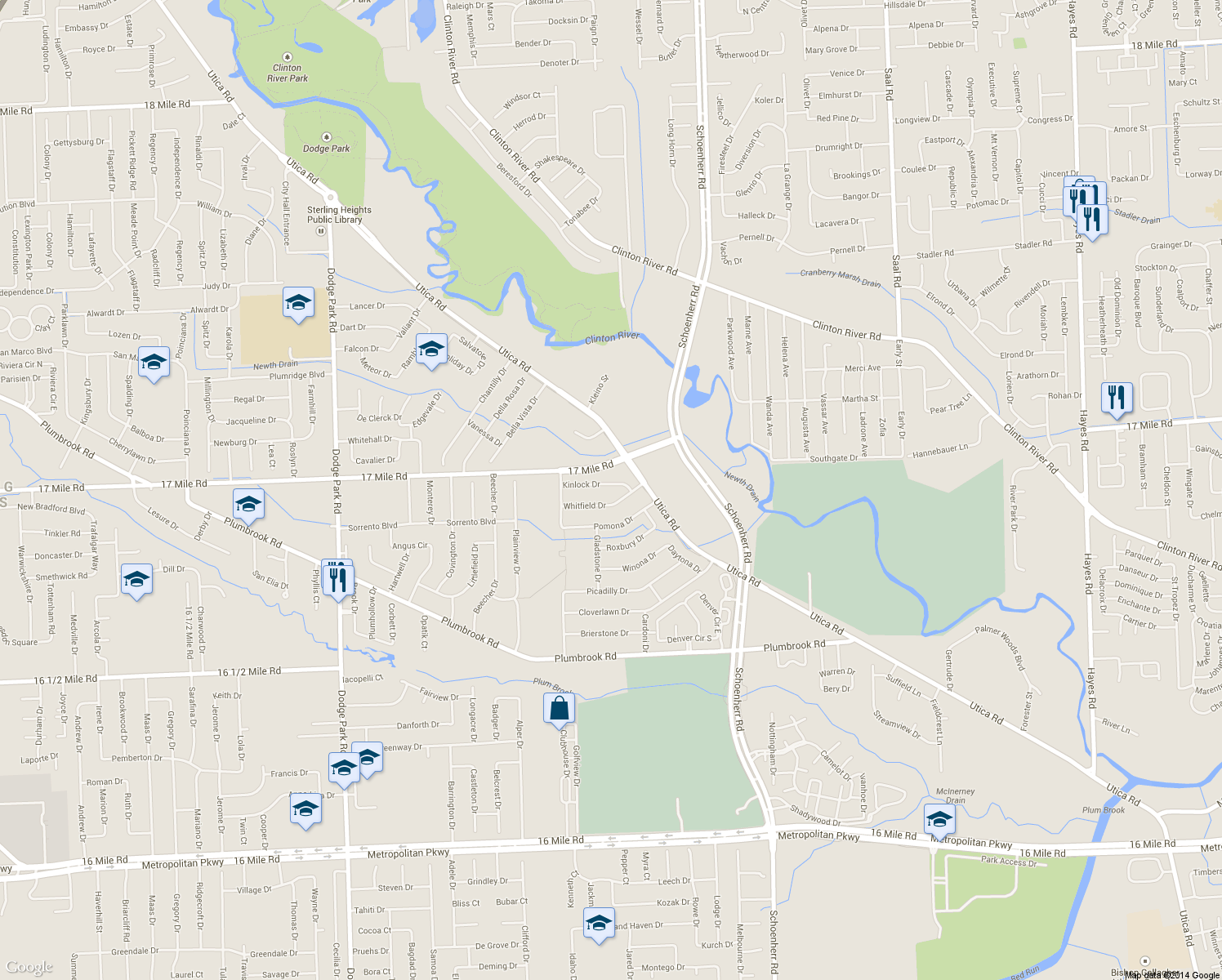 map of restaurants, bars, coffee shops, grocery stores, and more near 13064 Kinlock Dr in Sterling Heights