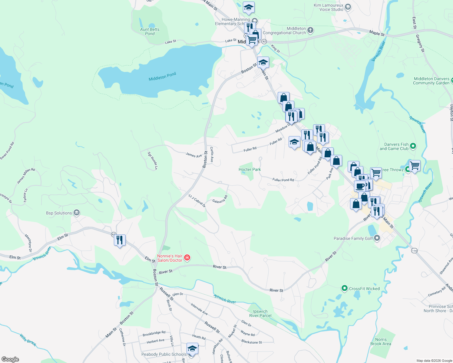 map of restaurants, bars, coffee shops, grocery stores, and more near 16 Old Haswell Park Road in Middleton
