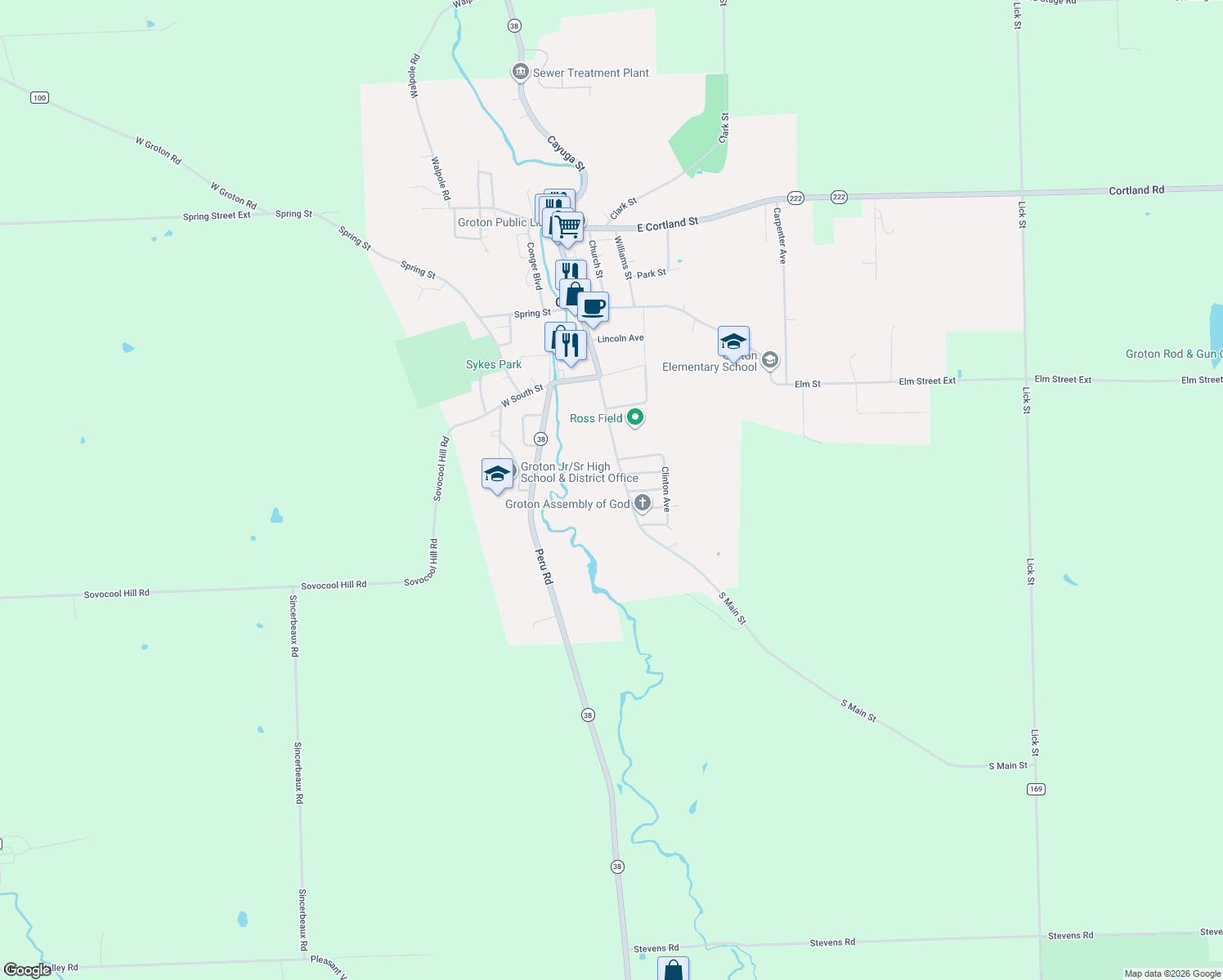 map of restaurants, bars, coffee shops, grocery stores, and more near 406 S Main St in Groton