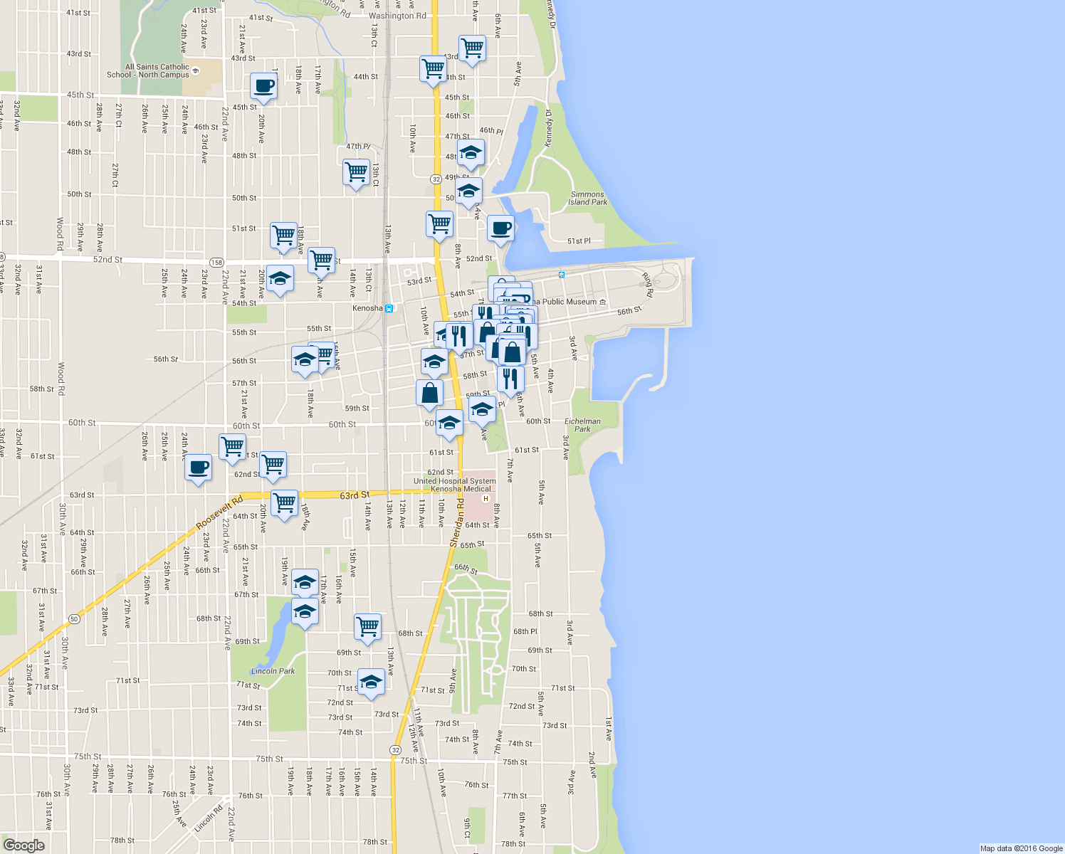 map of restaurants, bars, coffee shops, grocery stores, and more near 515 60th Street in Kenosha