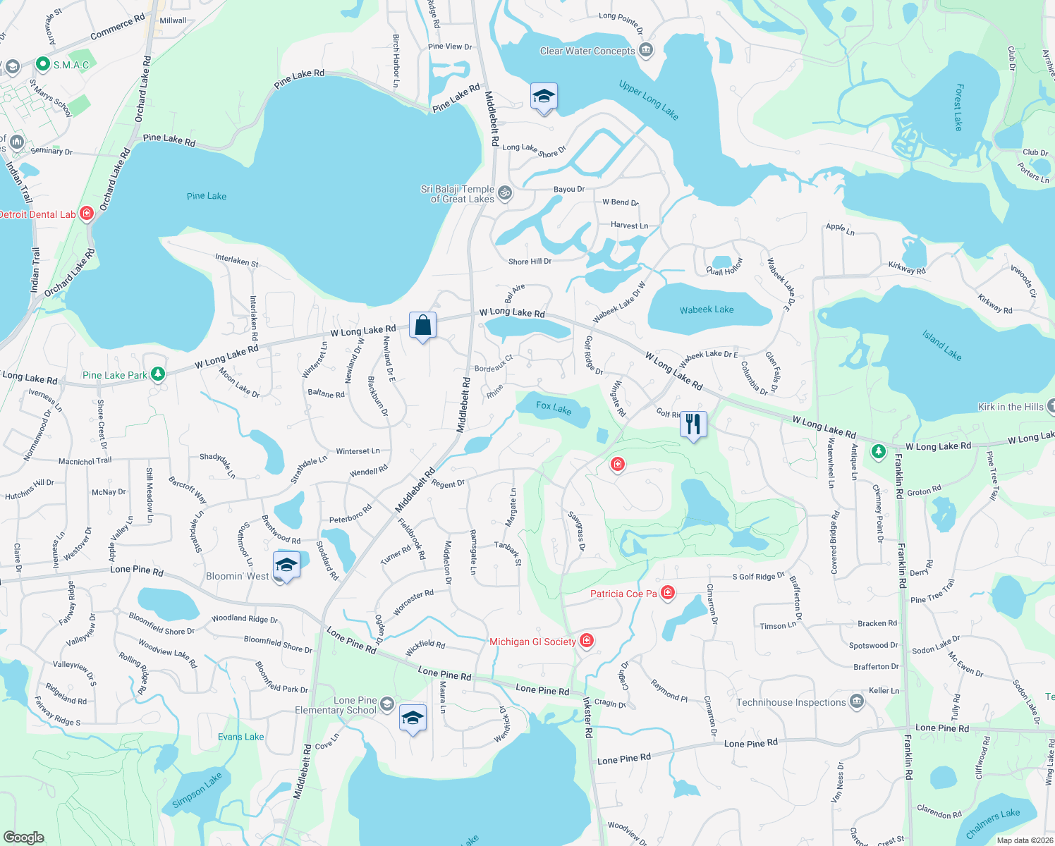 map of restaurants, bars, coffee shops, grocery stores, and more near 4040 Lakeridge Ln in Bloomfield Hills