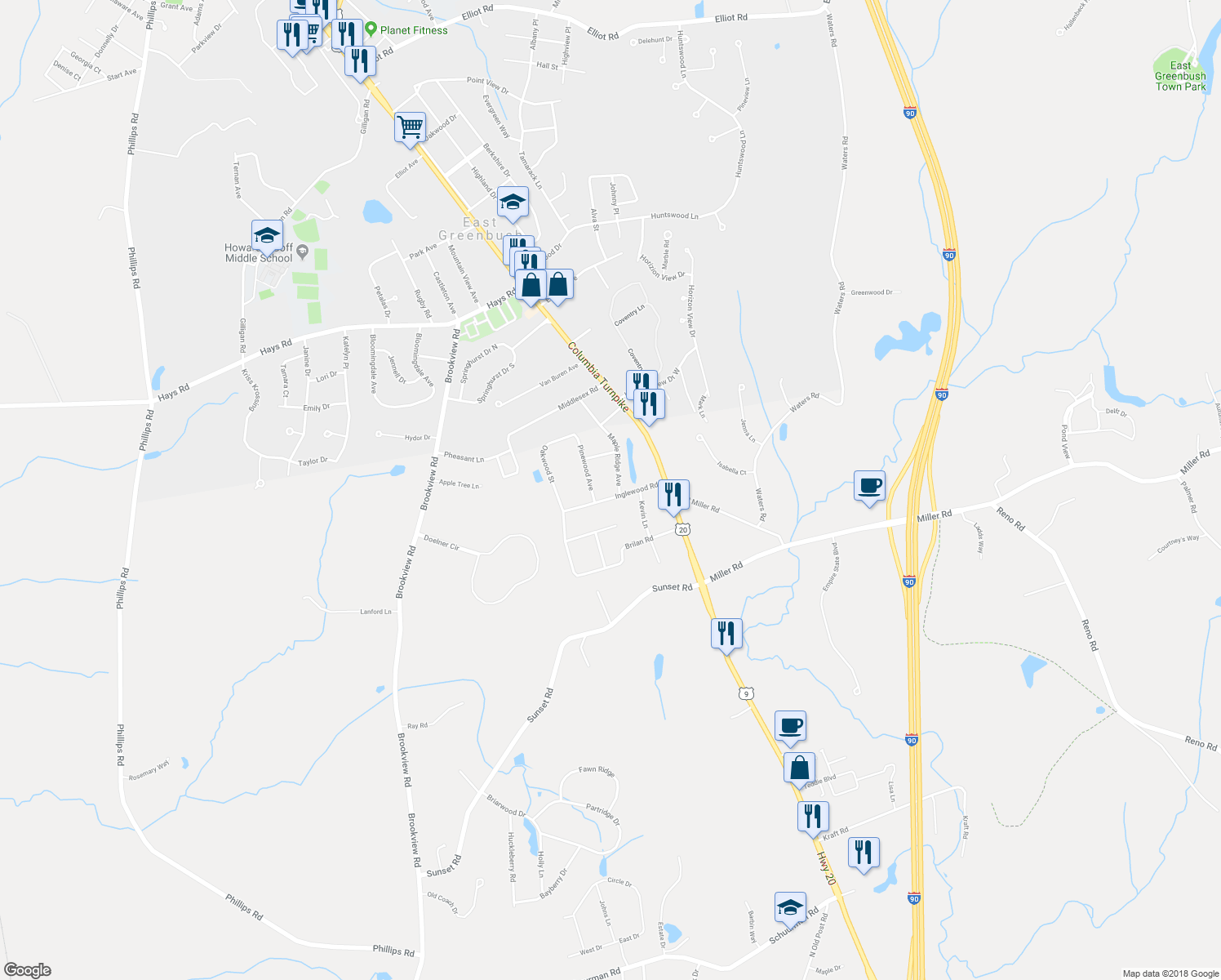 map of restaurants, bars, coffee shops, grocery stores, and more near 7 Inglewood Road in East Greenbush