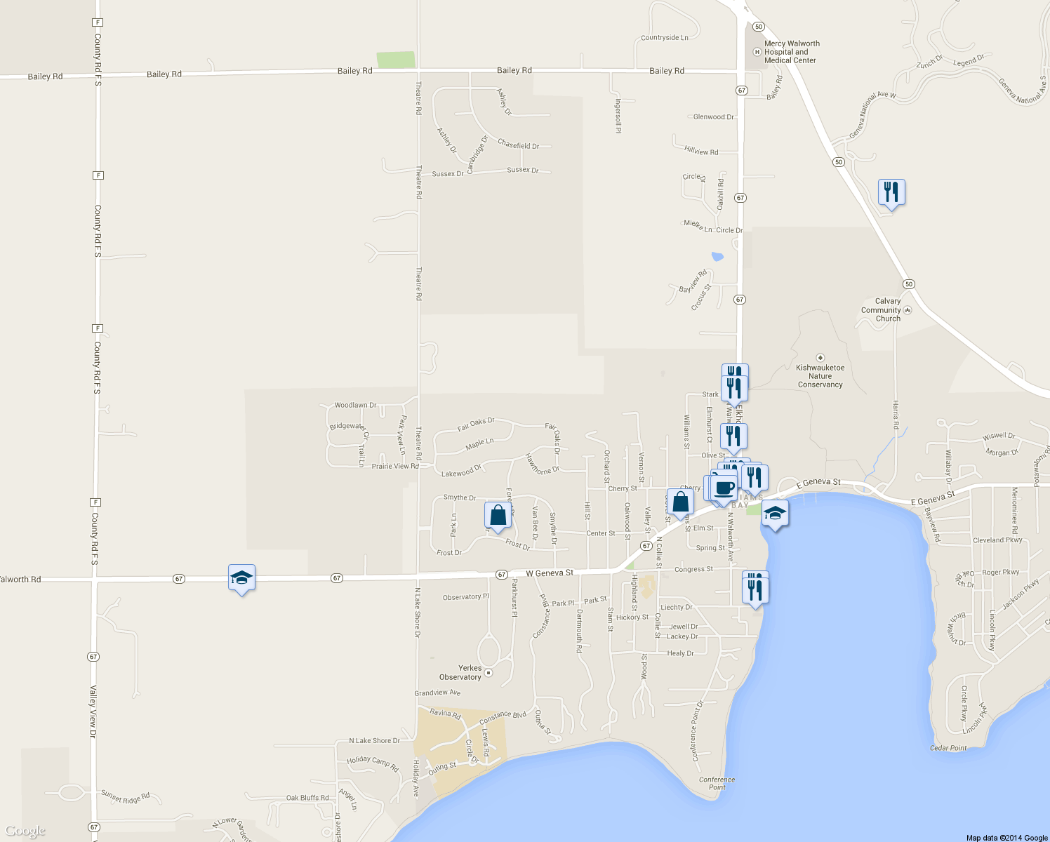 map of restaurants, bars, coffee shops, grocery stores, and more near 396 Fair Oaks Dr in Williams Bay
