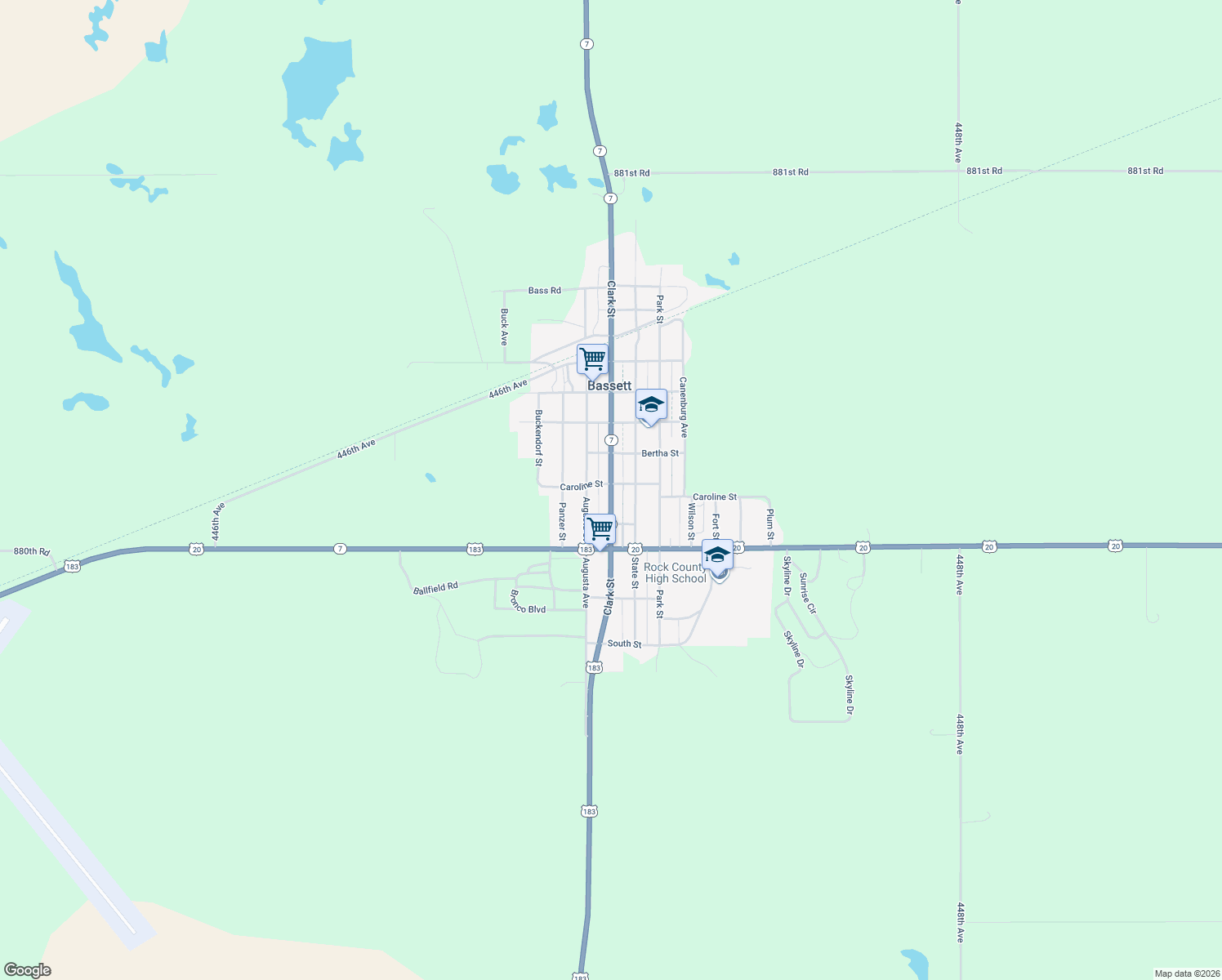 map of restaurants, bars, coffee shops, grocery stores, and more near 503 Clark Street in Bassett