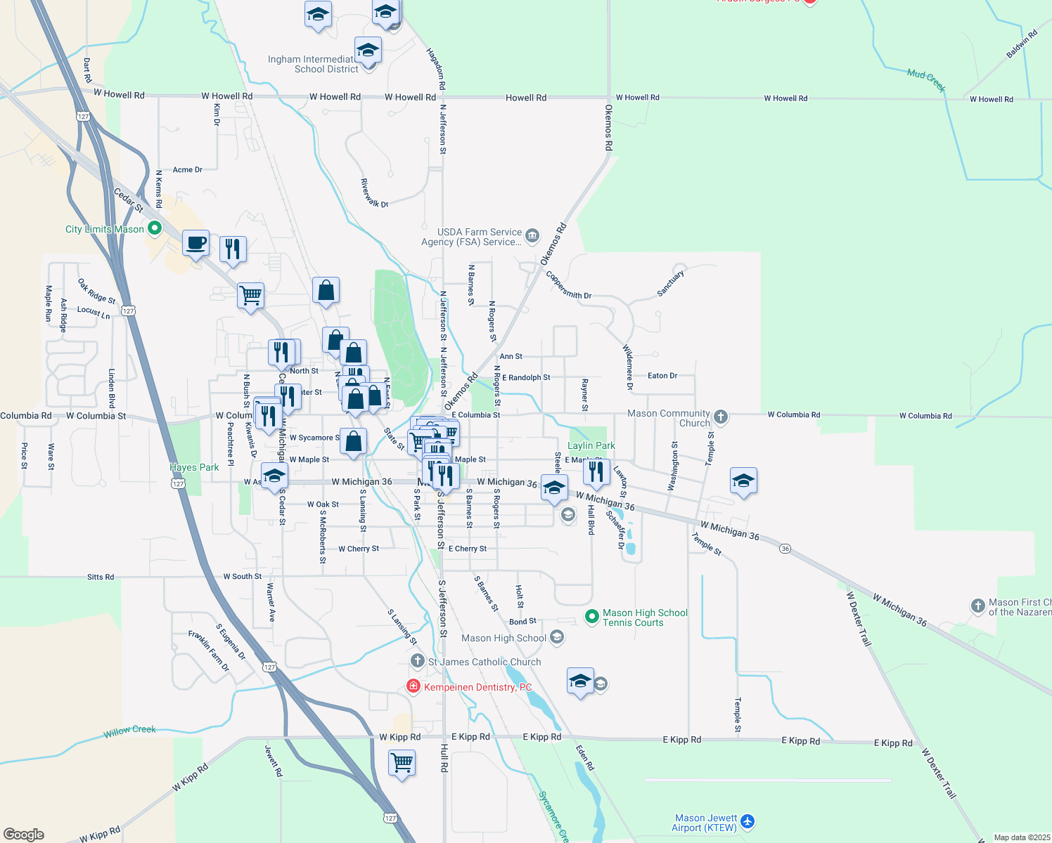 map of restaurants, bars, coffee shops, grocery stores, and more near 402 East Columbia Street in Mason