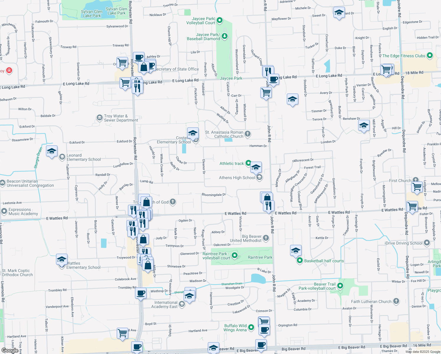 map of restaurants, bars, coffee shops, grocery stores, and more near 1614 Rockfield Drive in Troy