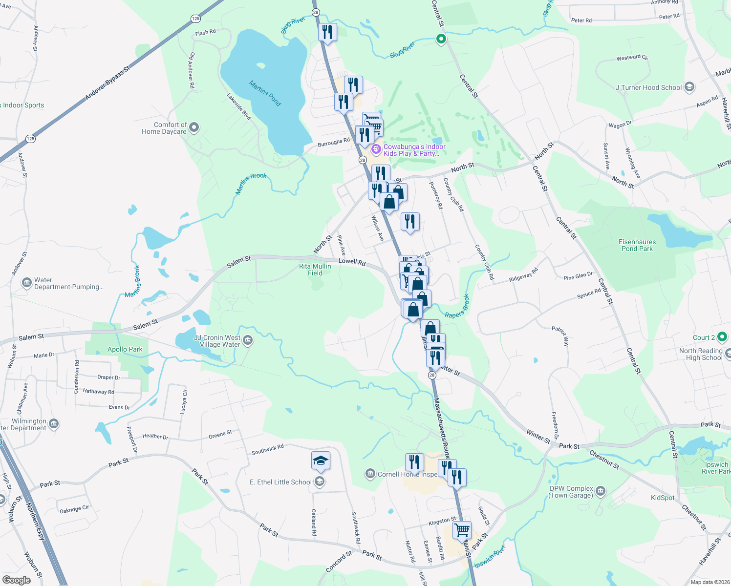 map of restaurants, bars, coffee shops, grocery stores, and more near 19R Abbott Rd in North Reading