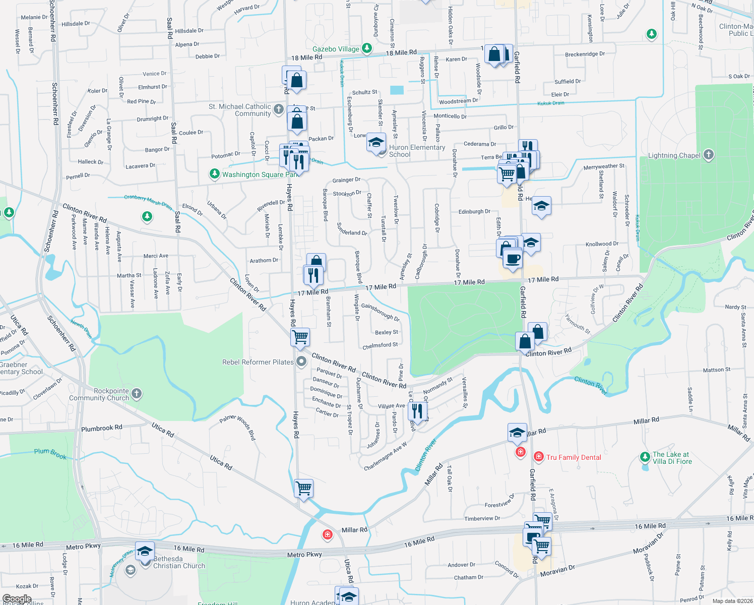 map of restaurants, bars, coffee shops, grocery stores, and more near 38800 Gainsborough Drive in Charter Township of Clinton
