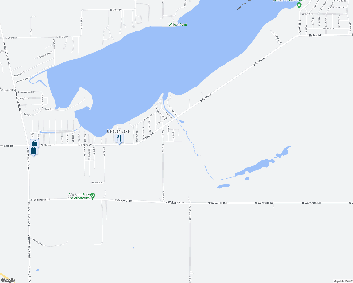 map of restaurants, bars, coffee shops, grocery stores, and more near 2121 Adelia Avenue in Delavan