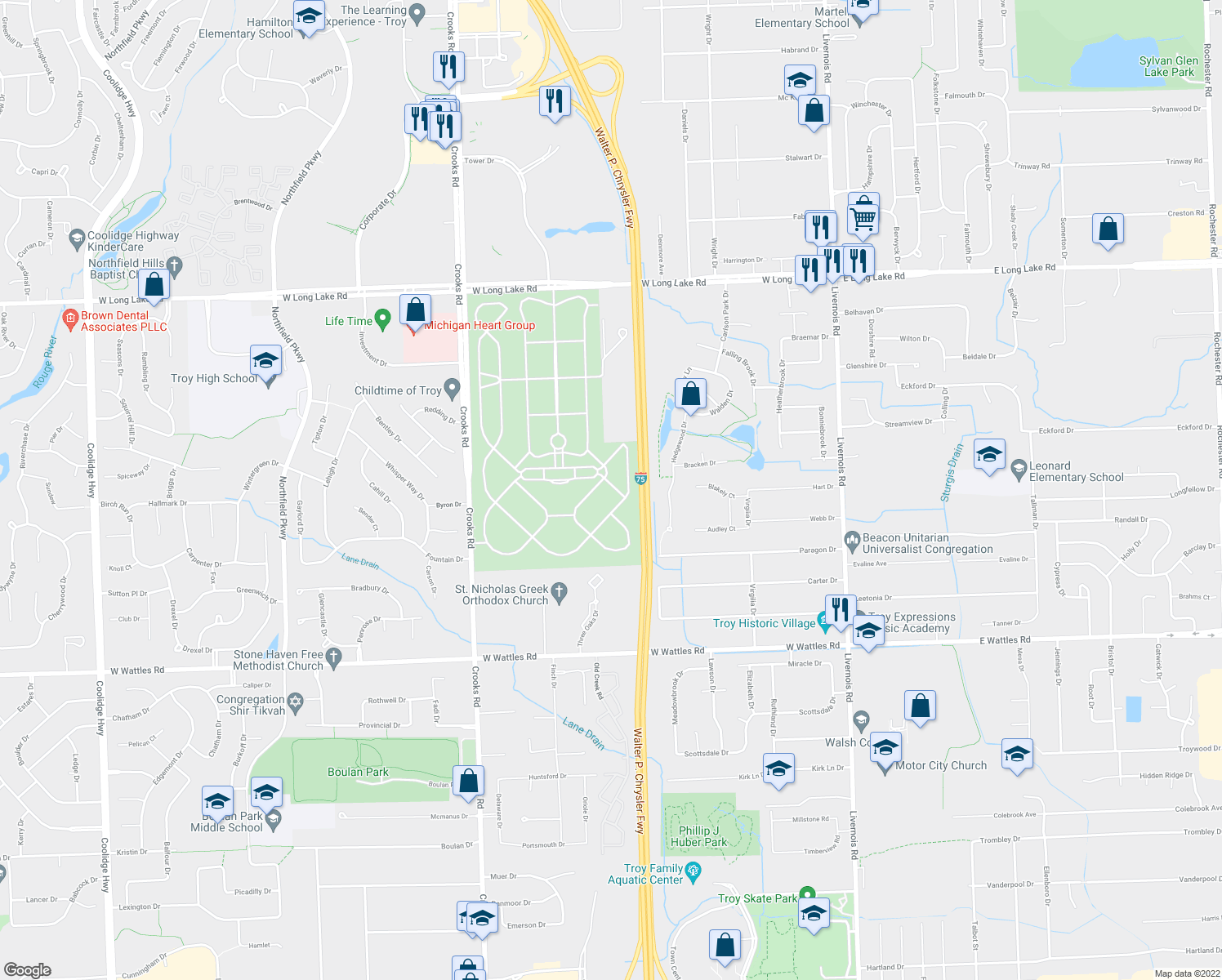 map of restaurants, bars, coffee shops, grocery stores, and more near Chrysler Freeway in Troy