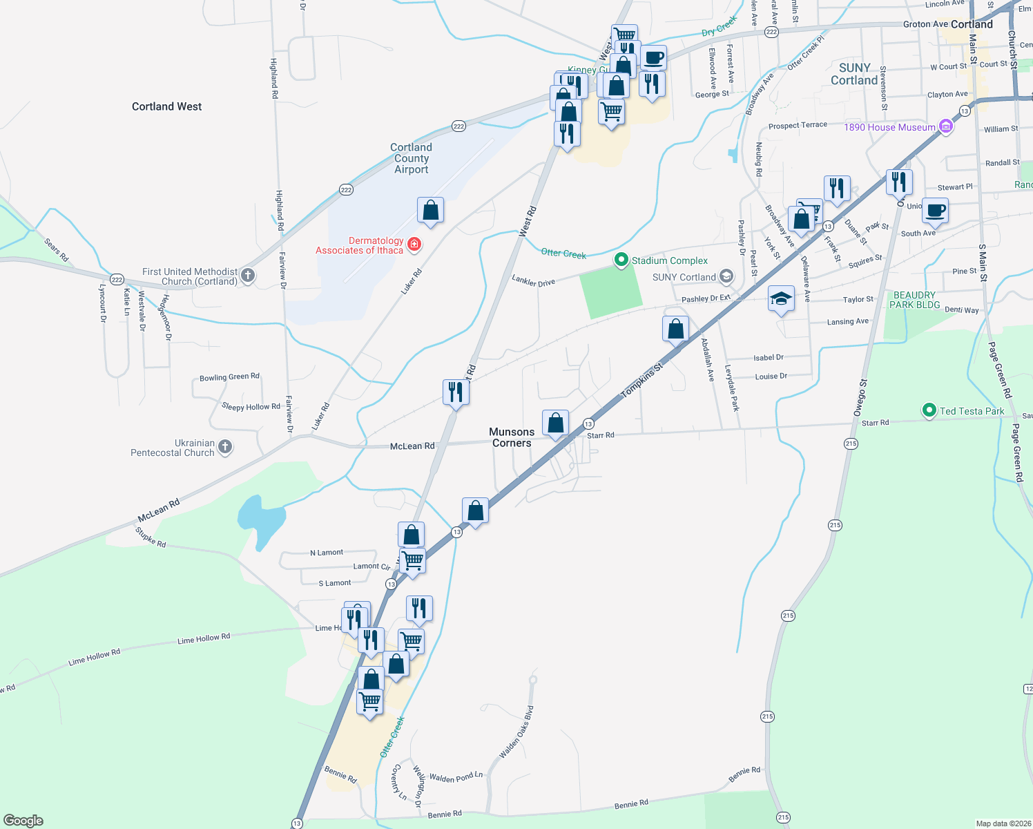 map of restaurants, bars, coffee shops, grocery stores, and more near 3651 Allen Dr in Cortland