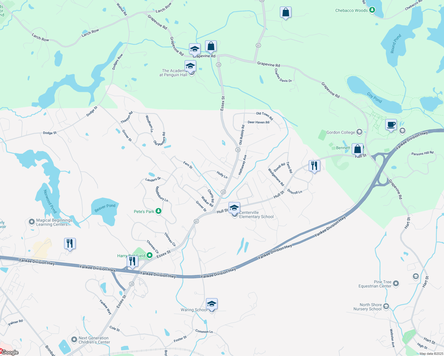map of restaurants, bars, coffee shops, grocery stores, and more near 4 Holly Ln in Beverly