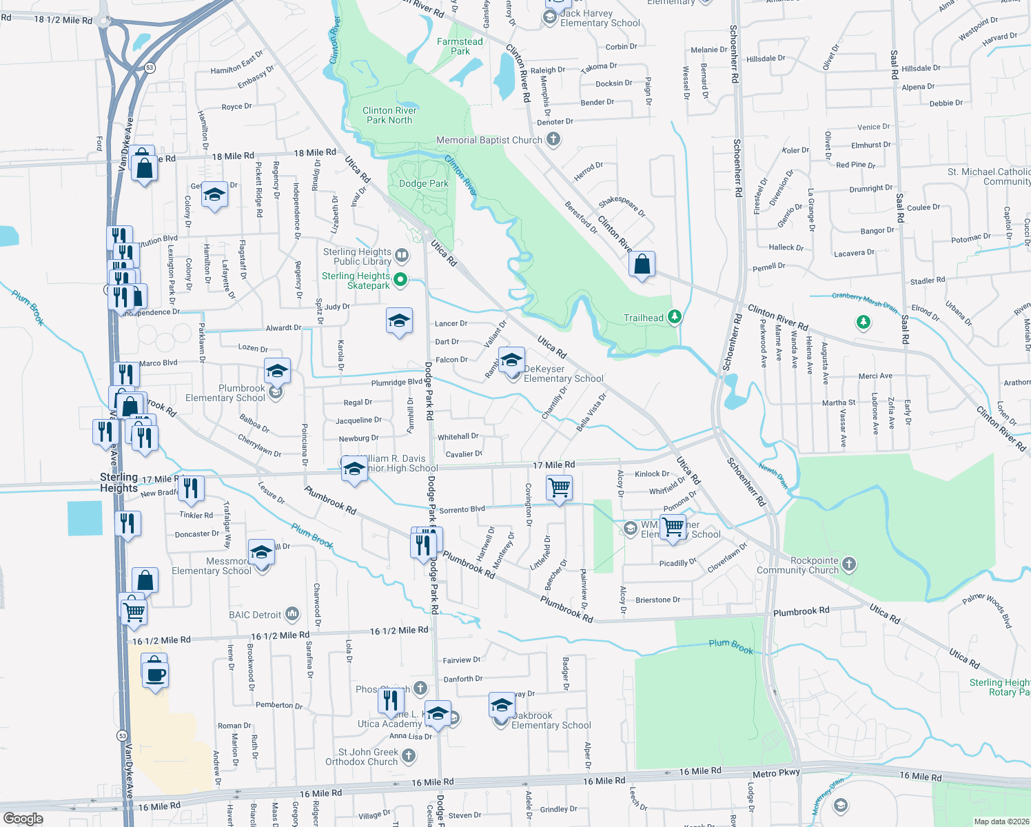 map of restaurants, bars, coffee shops, grocery stores, and more near 39356 Edgevale Drive in Sterling Heights