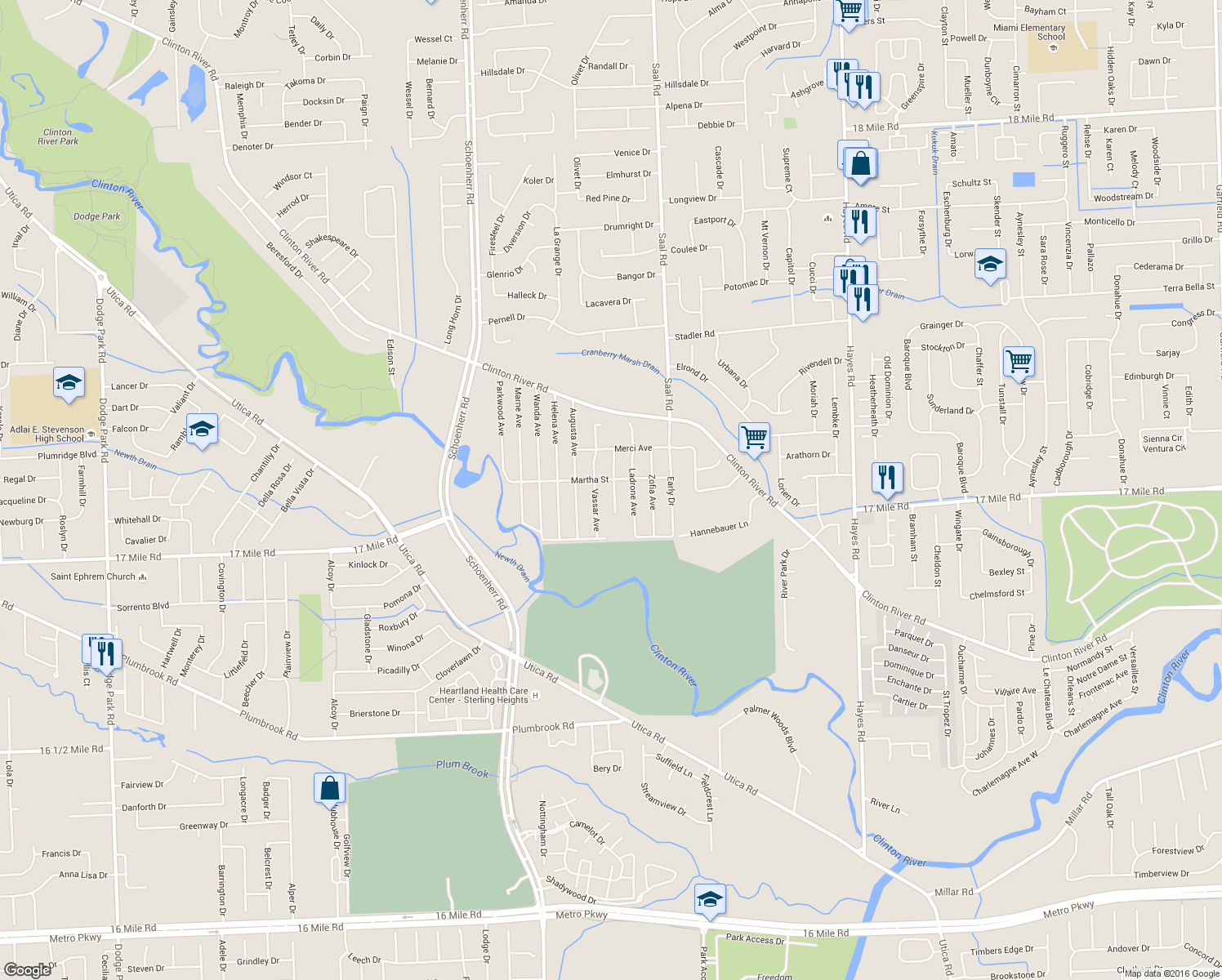 map of restaurants, bars, coffee shops, grocery stores, and more near 39143 Casimira Ave in Sterling Heights