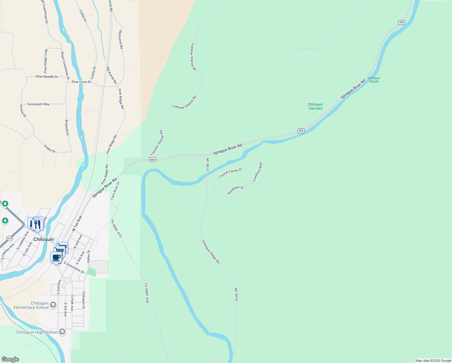 map of restaurants, bars, coffee shops, grocery stores, and more near Crystal Castle Drive in Chiloquin