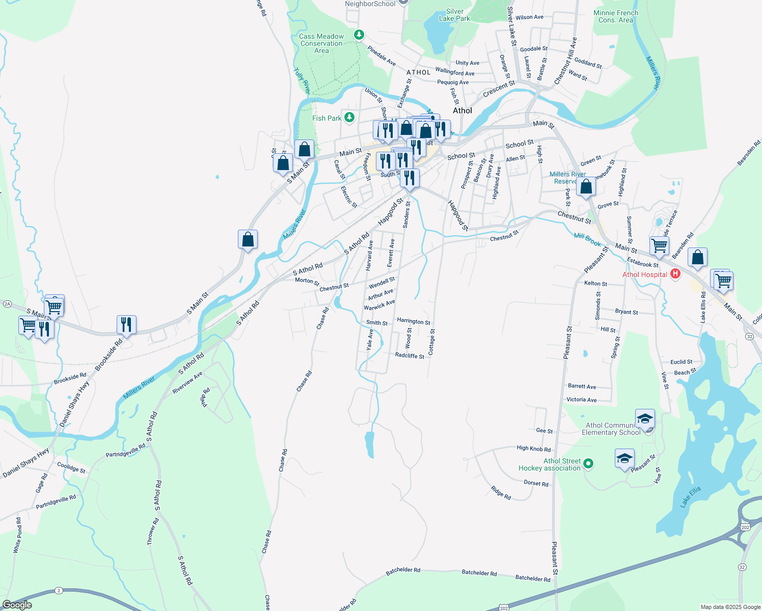 map of restaurants, bars, coffee shops, grocery stores, and more near 94 Warwick Avenue in Athol