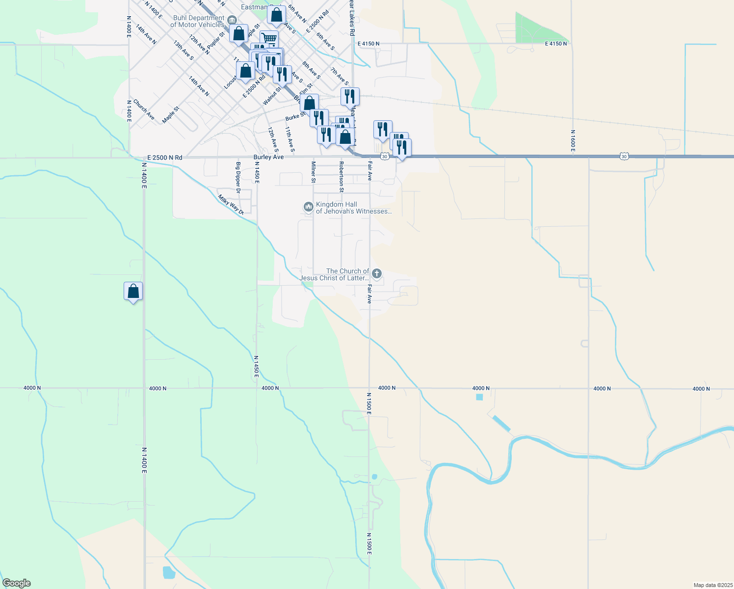 map of restaurants, bars, coffee shops, grocery stores, and more near 1100 Fair Avenue in Buhl