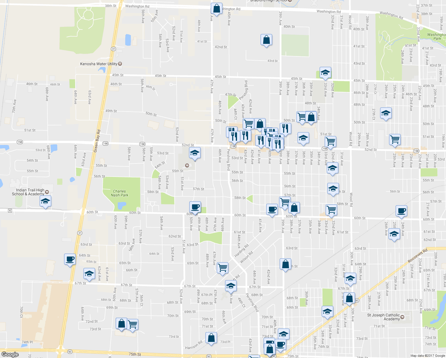 map of restaurants, bars, coffee shops, grocery stores, and more near 5527 46th Avenue in Kenosha