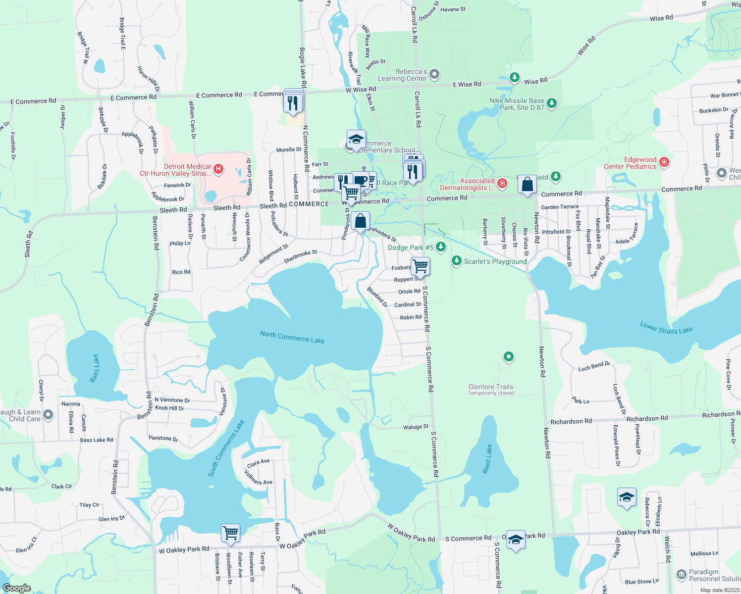 map of restaurants, bars, coffee shops, grocery stores, and more near 4305 Bluebird Drive in Commerce charter Township