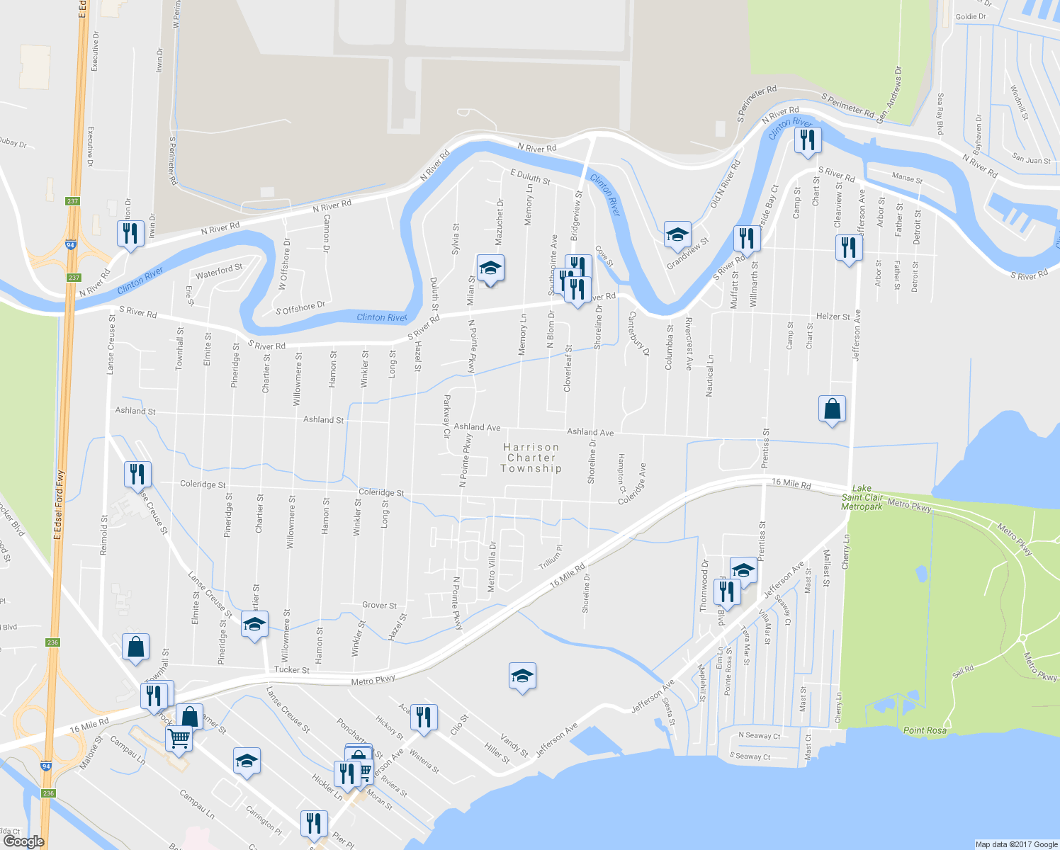 map of restaurants, bars, coffee shops, grocery stores, and more near 39010 Memory Lane in Harrison charter Township