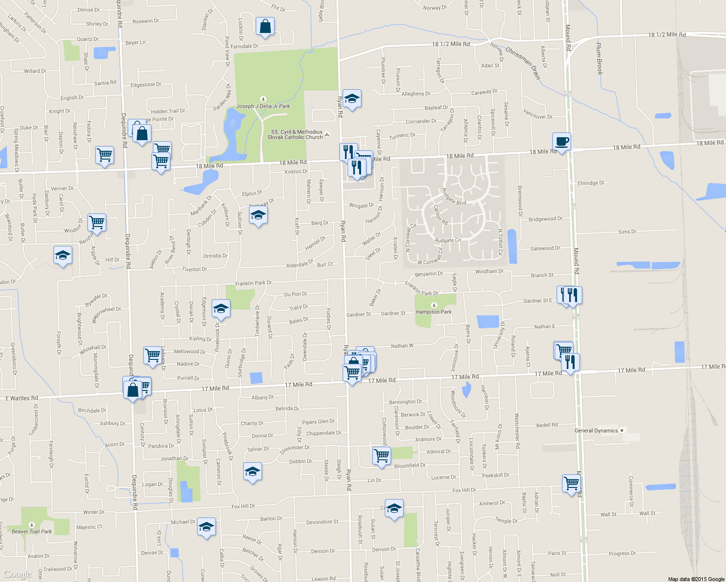 map of restaurants, bars, coffee shops, grocery stores, and more near 4136 Steel Court in Sterling Heights