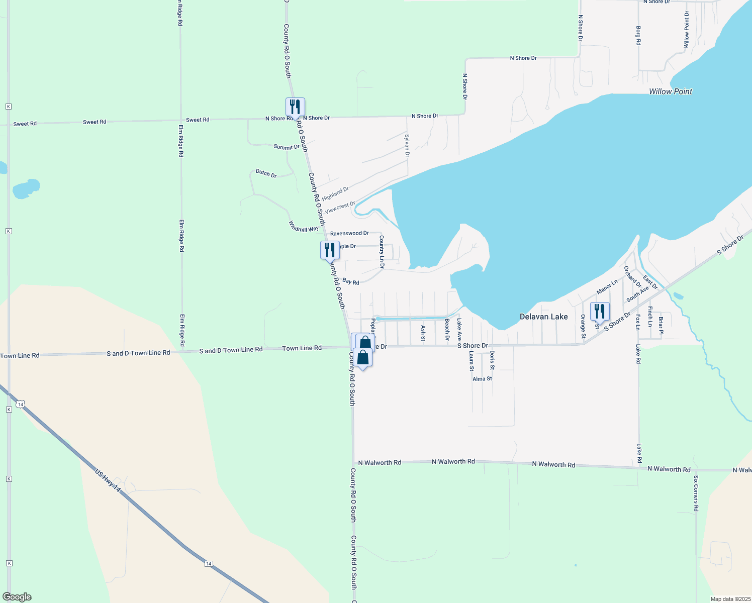 map of restaurants, bars, coffee shops, grocery stores, and more near 4222 Poplar Dr in Delavan