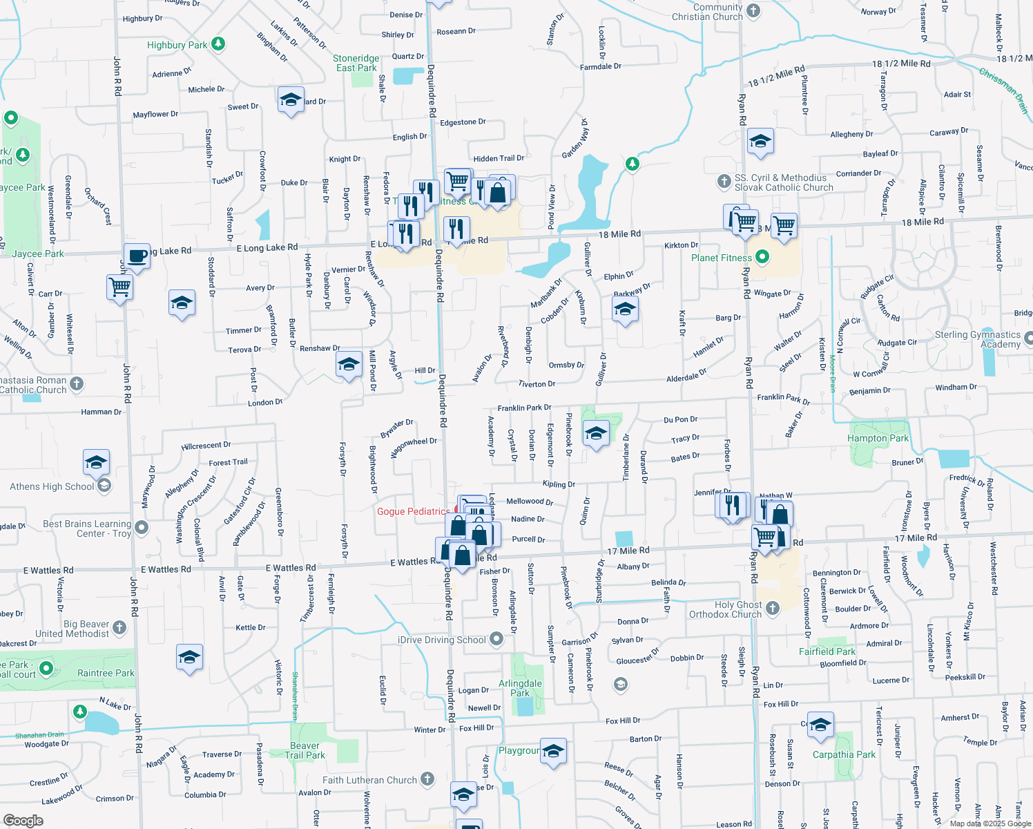 map of restaurants, bars, coffee shops, grocery stores, and more near 2310 Franklin Park Drive in Sterling Heights
